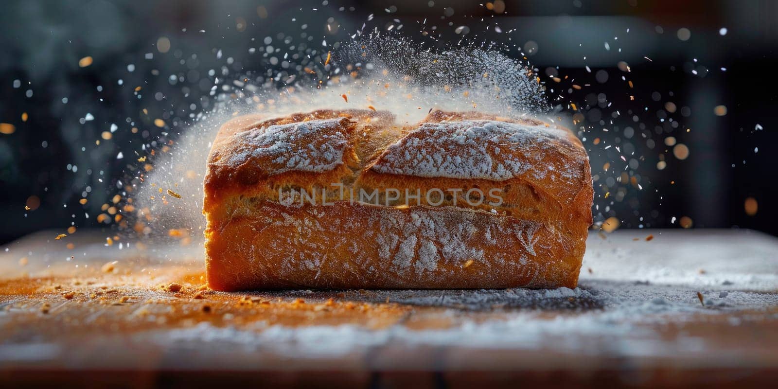 A loaf of bread being covered with a light dusting of powdered sugar by a pair of hands.