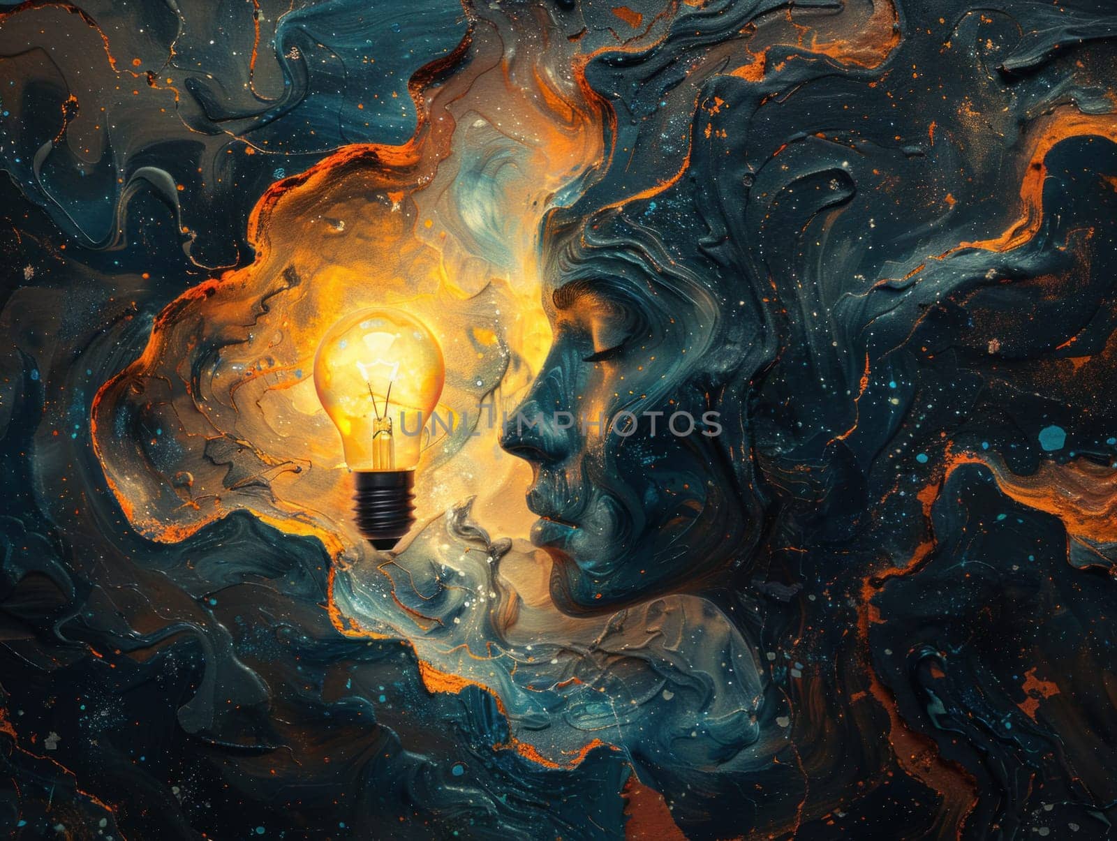 A conceptual illustration showing a human head with a glowing light bulb encapsulated inside, symbolizing creativity and inspiration.