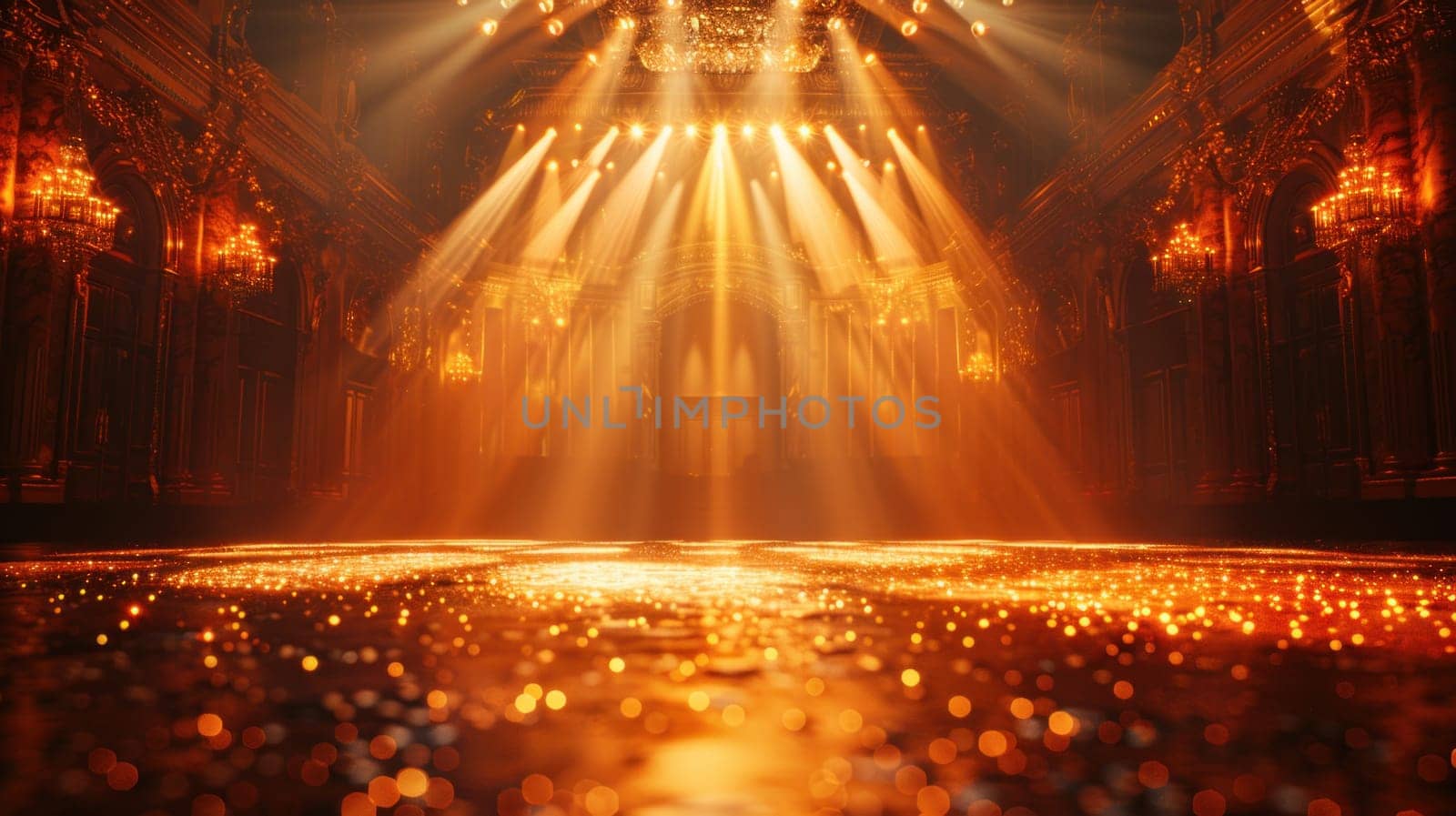 A stage illuminated by bright lights shining down, creating a spotlight effect on the podium.