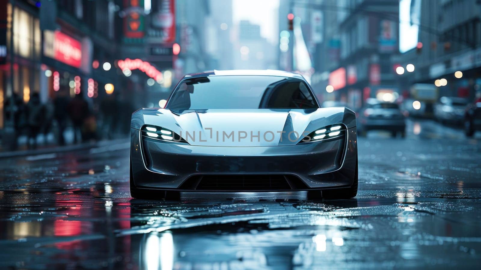 A modern white electric sports car driving swiftly down a busy city street lined with buildings and pedestrians.