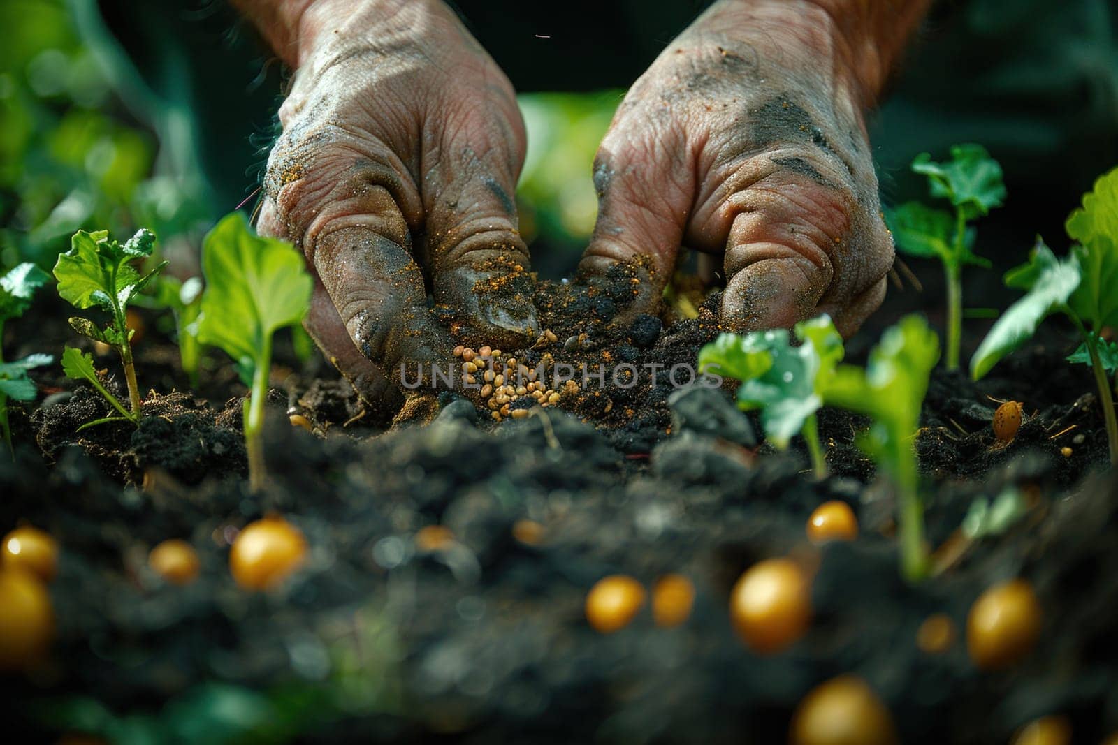 A person is shown holding a handful of dirt in their hands, displaying gardening or planting activity.