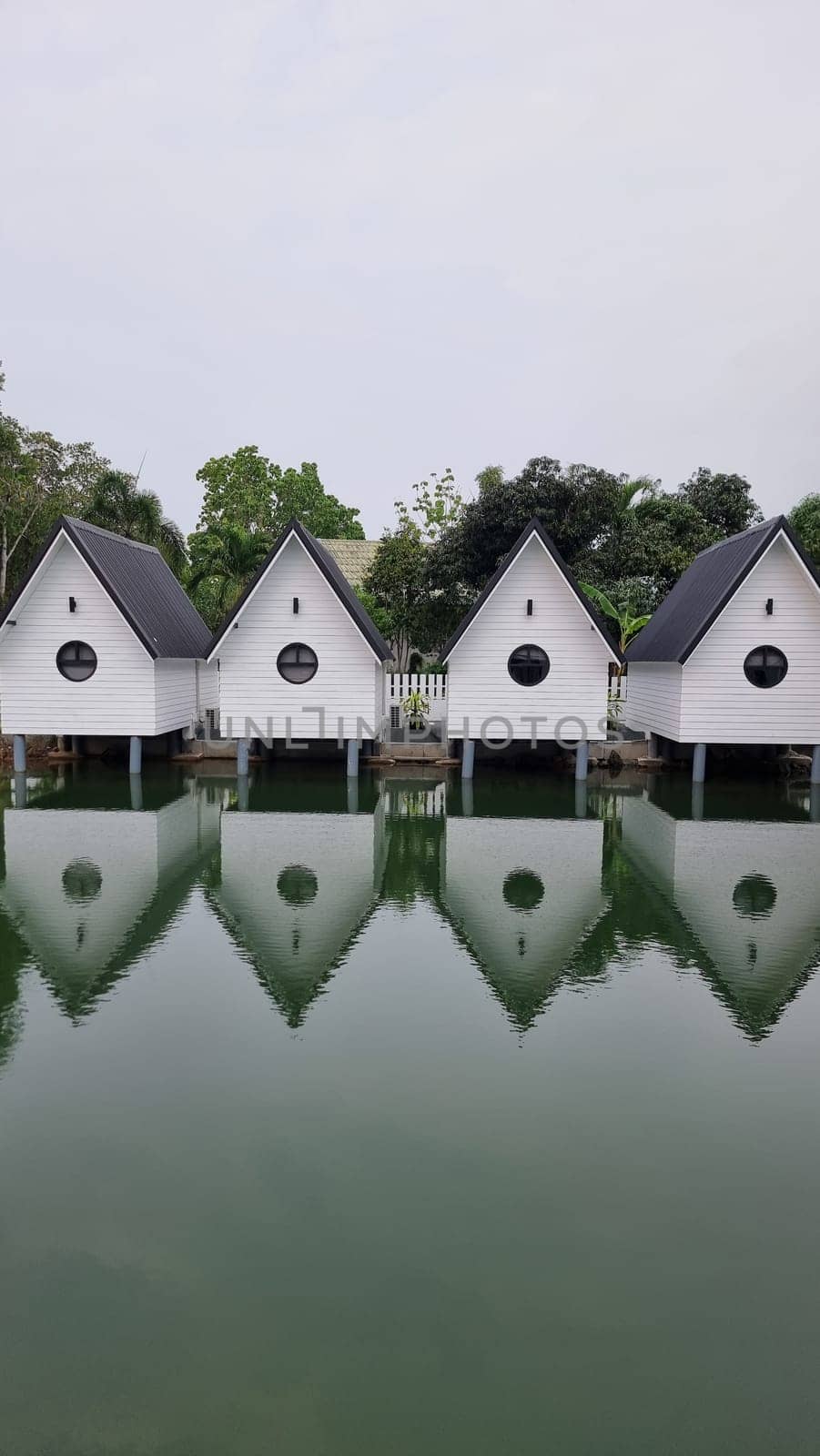 A serene lake reflects a row of charming white houses, creating a picturesque scene of tranquility and beauty.