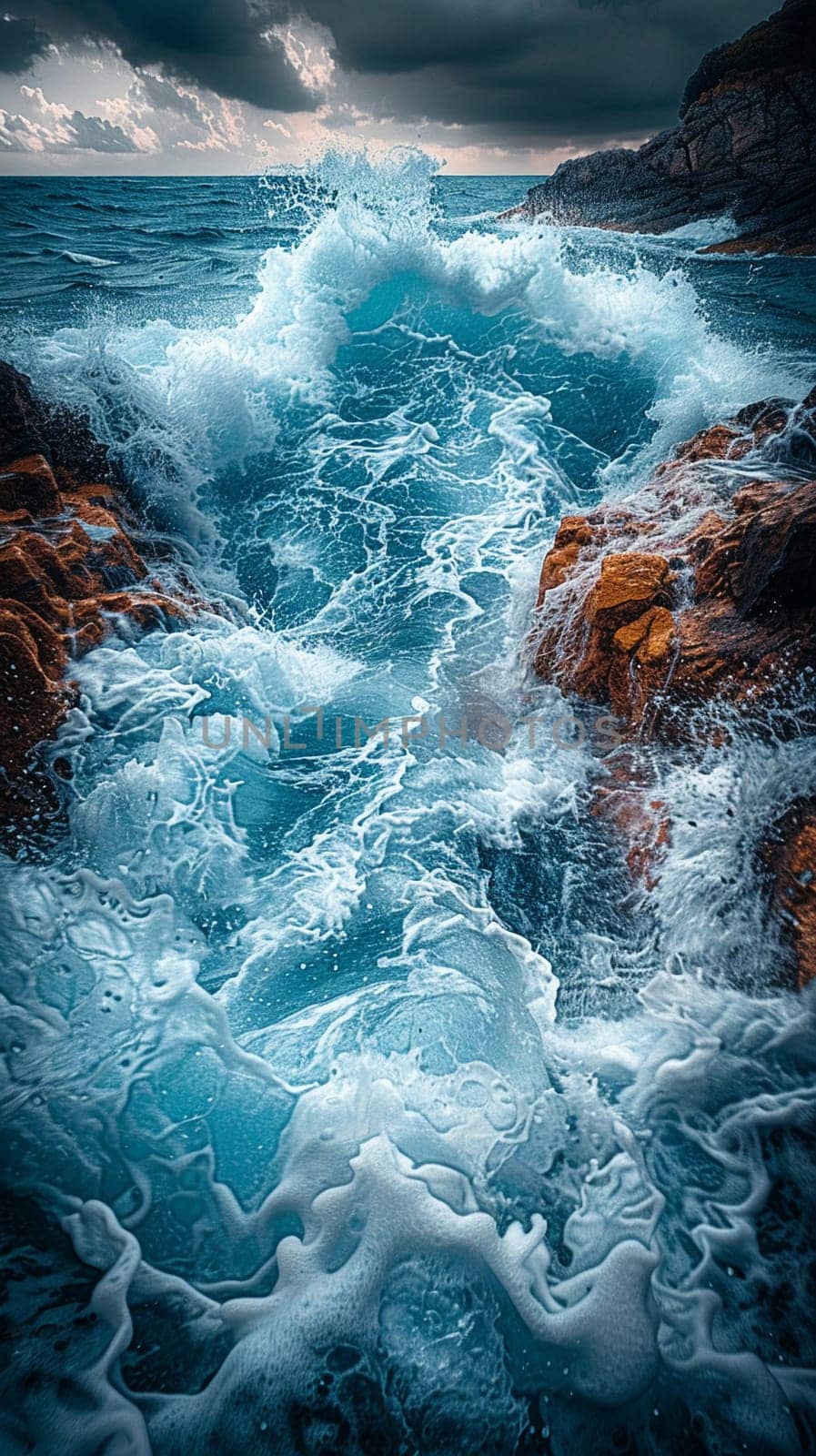 Crashing waves on a rocky coastline under a stormy sky, symbolizing nature's power and beauty.