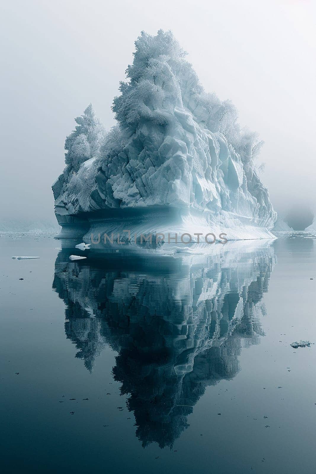 Icebergs floating in a glacial lagoon, symbolizing the cold beauty and changing climate.