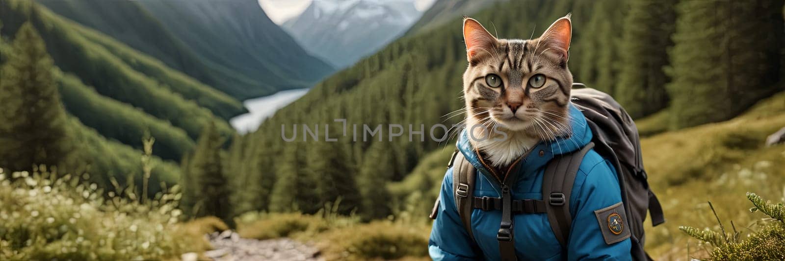 banner Cat in traveler gear walks mountain trail, carrying backpack. The concept of traveling to the mountains, hiking in different beautiful places