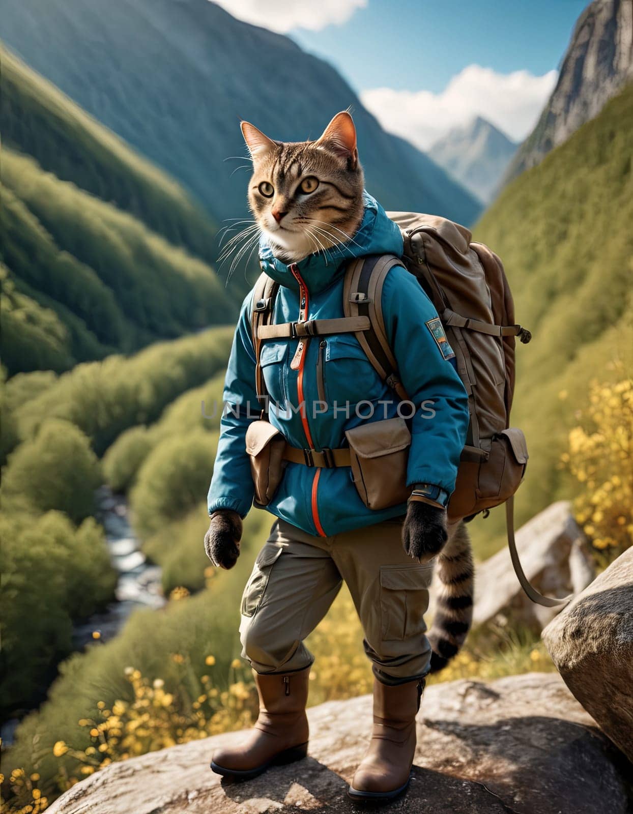 Cat in traveler gear walks mountain trail, carrying backpack. The concept of traveling to the mountains, hiking in different beautiful places