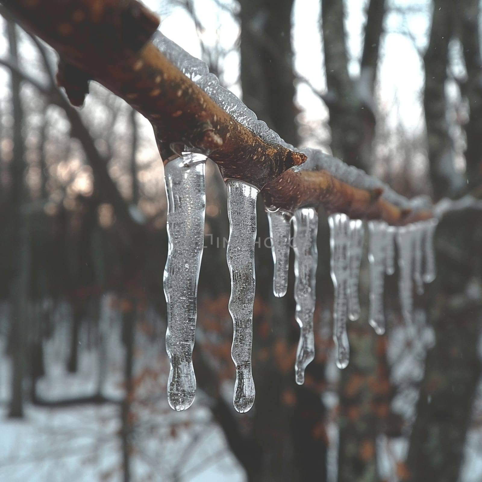 Frozen icicles hanging from a branch, capturing winter's chill and beauty.