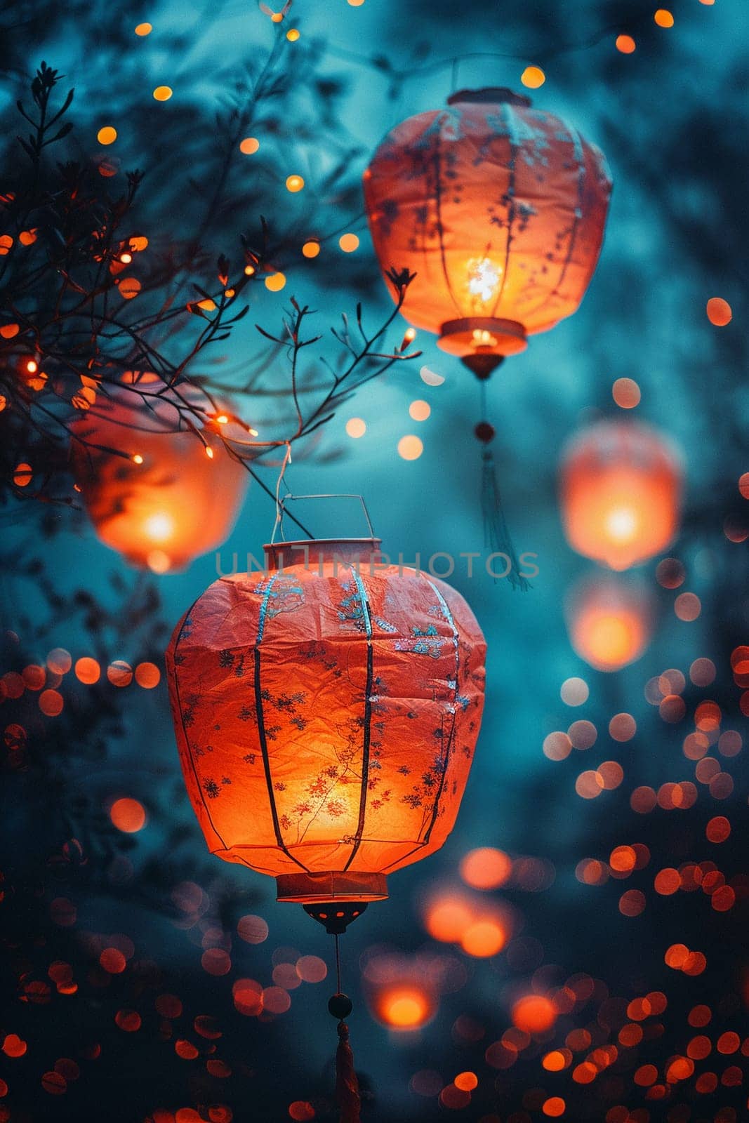 Glowing lanterns floating into the night sky by Benzoix