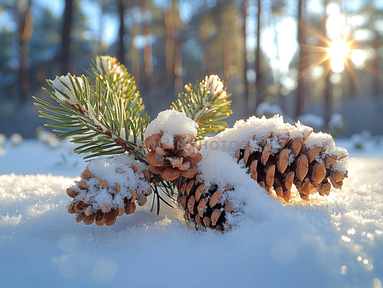 Freshly fallen snow on a pine branch, representing winter's purity and calm.