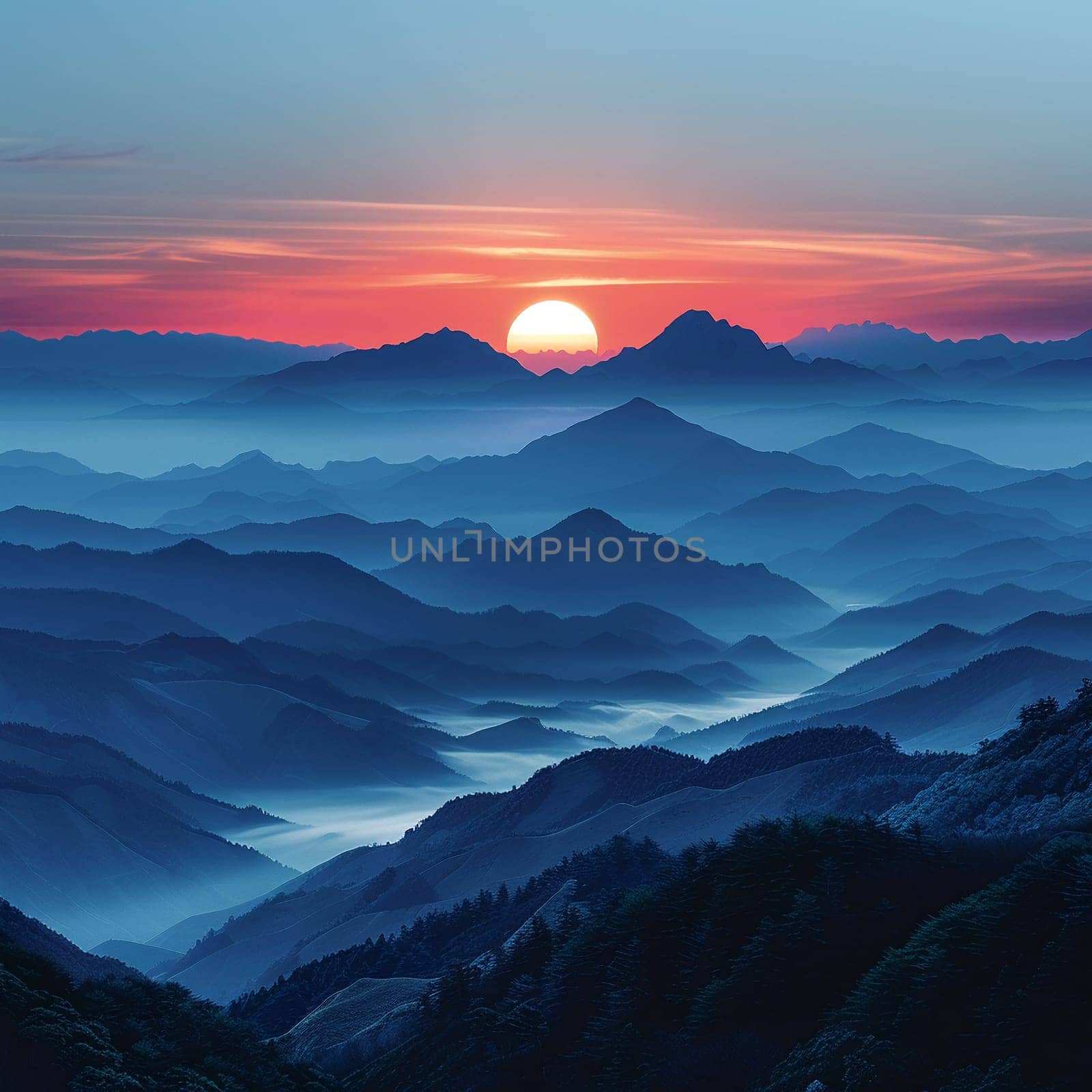 Hazy silhouette of mountains against a sunset, capturing serenity and vast landscapes.