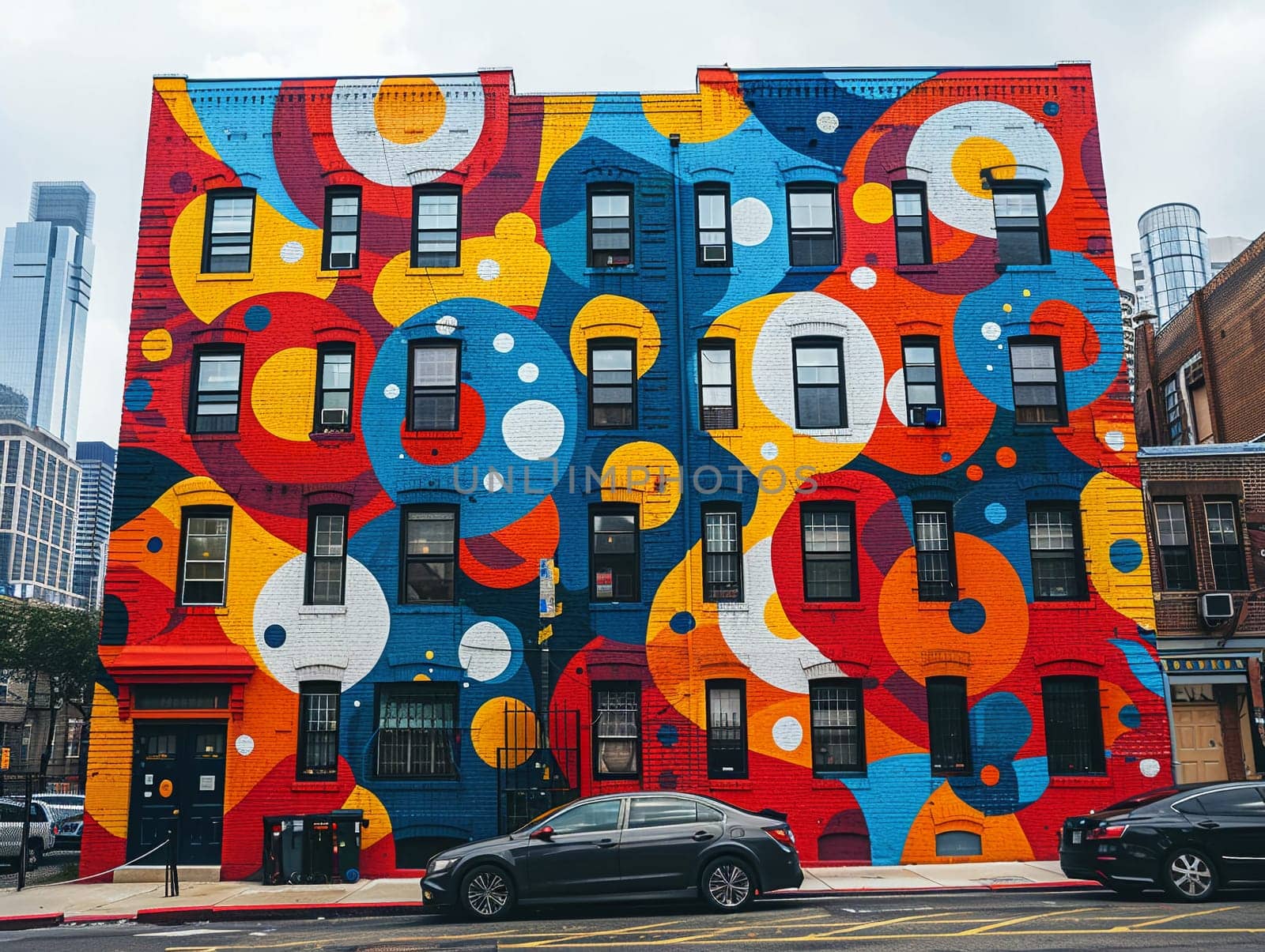 Colorful mural on a city building, capturing urban art and community themes.