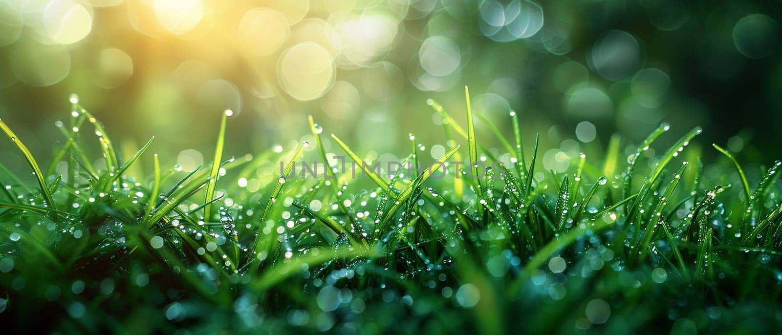 Fresh spring grass with morning dew, perfect for renewal and nature-inspired designs.