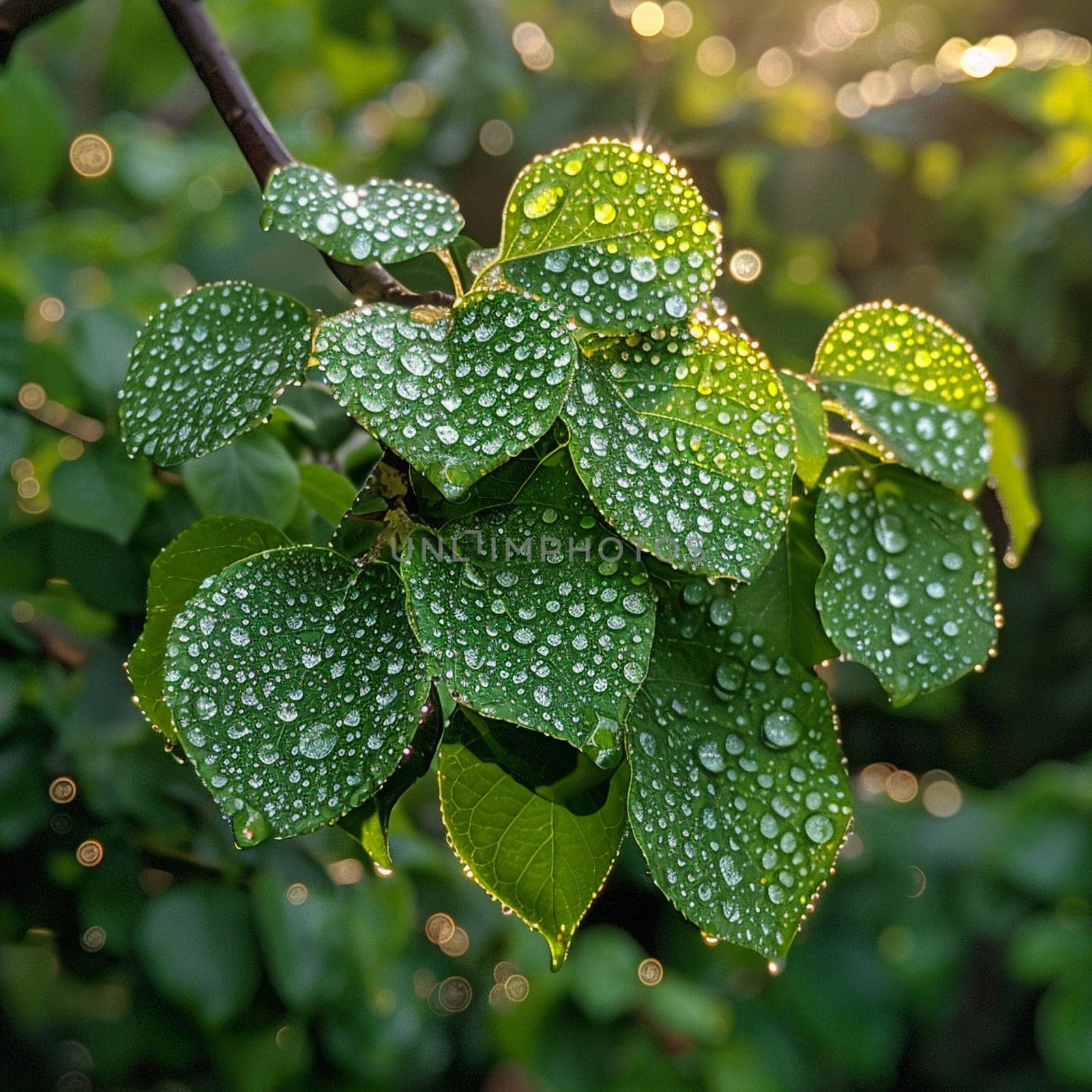 Glistening dew on fresh green leaves, evoking morning freshness and nature's awakening.