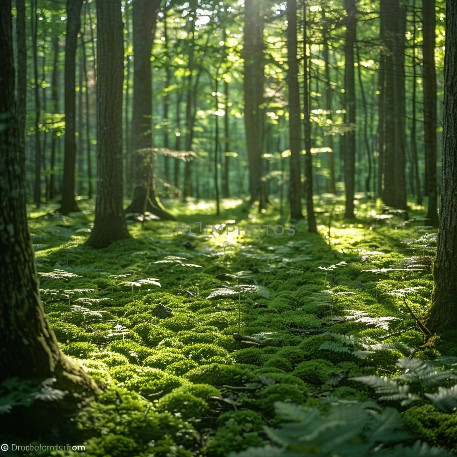 Lush green forest floor covered in moss by Benzoix