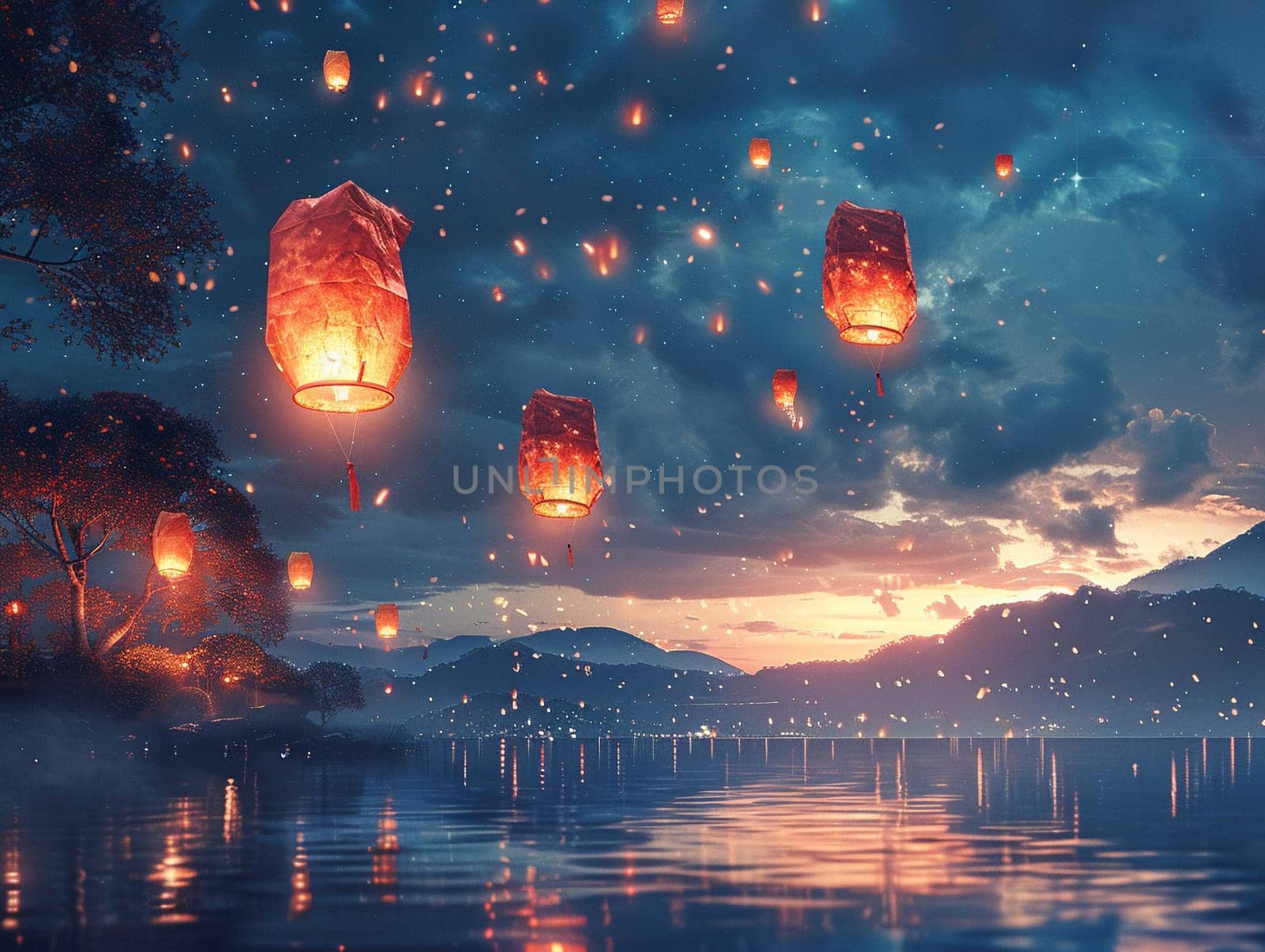 Glowing lanterns floating into the night sky by Benzoix