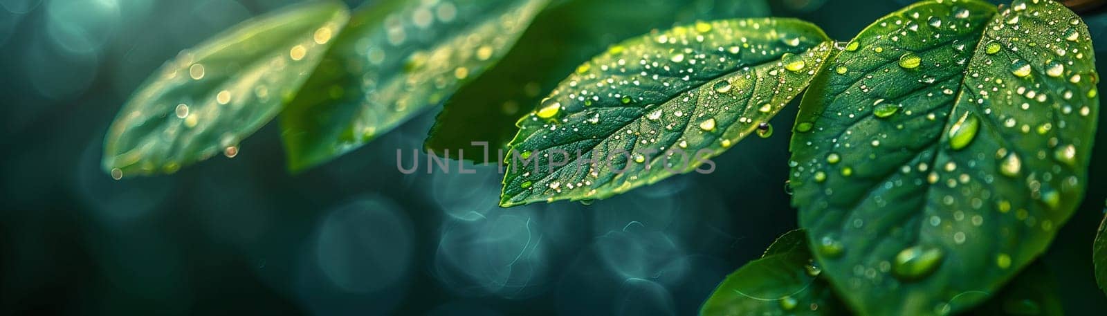 Glistening dew on fresh green leaves by Benzoix