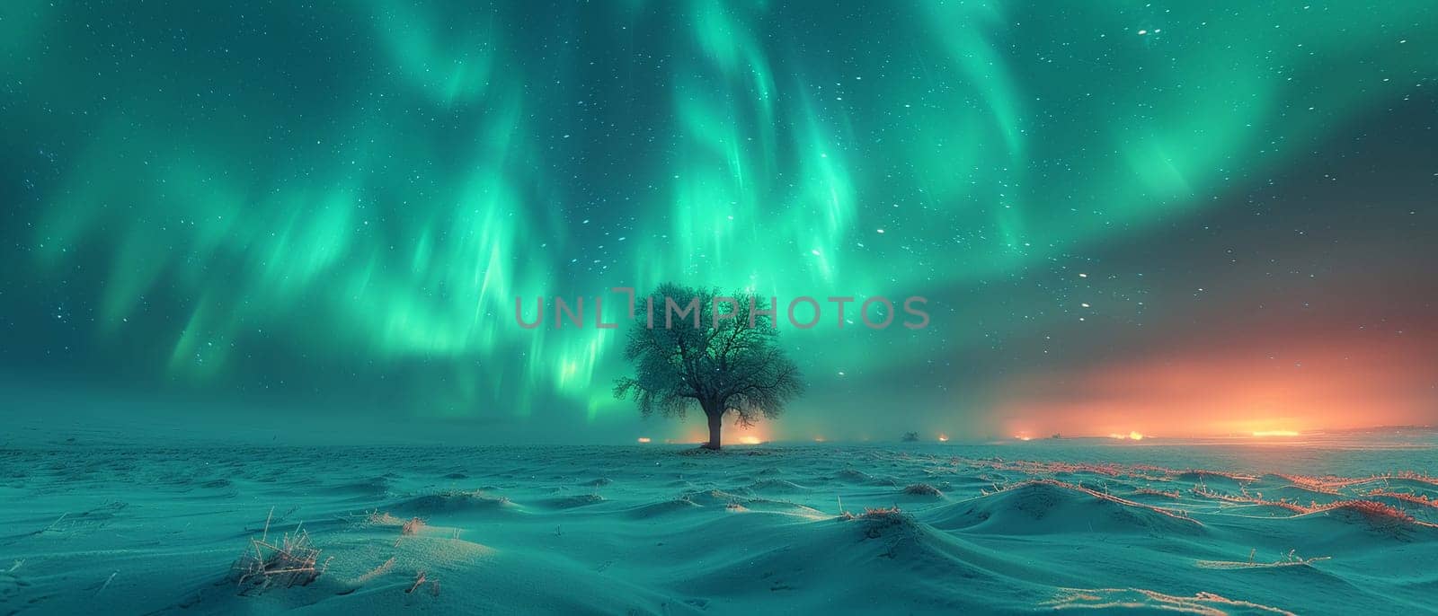 Lone tree in a snowy field under northern lights, ideal for solitude and majestic winter scenes.