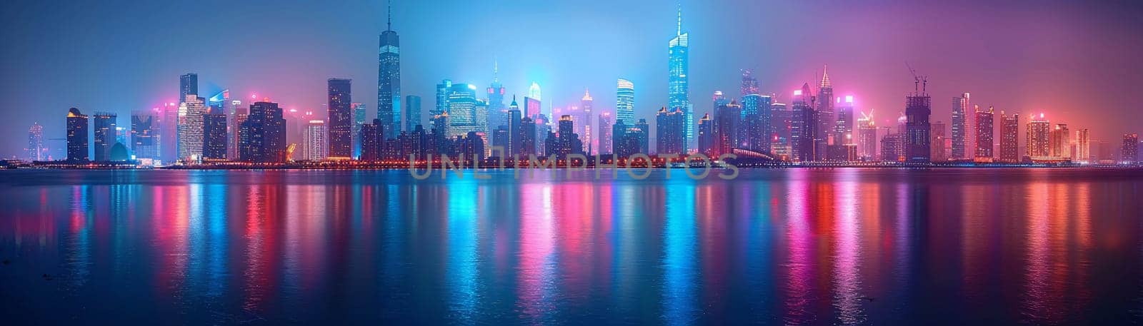 Illuminated city skyline at night, suitable for urban and dynamic design projects.