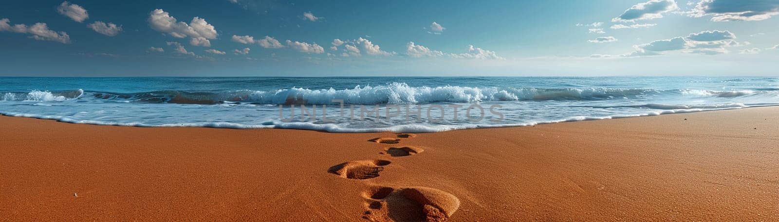 Gentle footprints in the sand leading towards the ocean by Benzoix