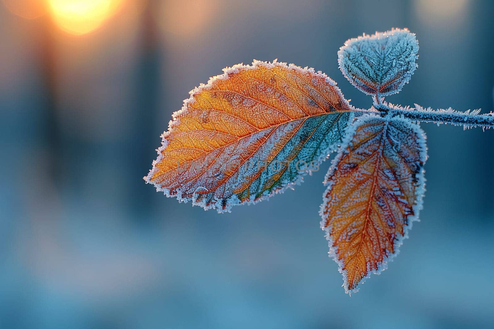 Frost patterns on a leaf in early morning by Benzoix
