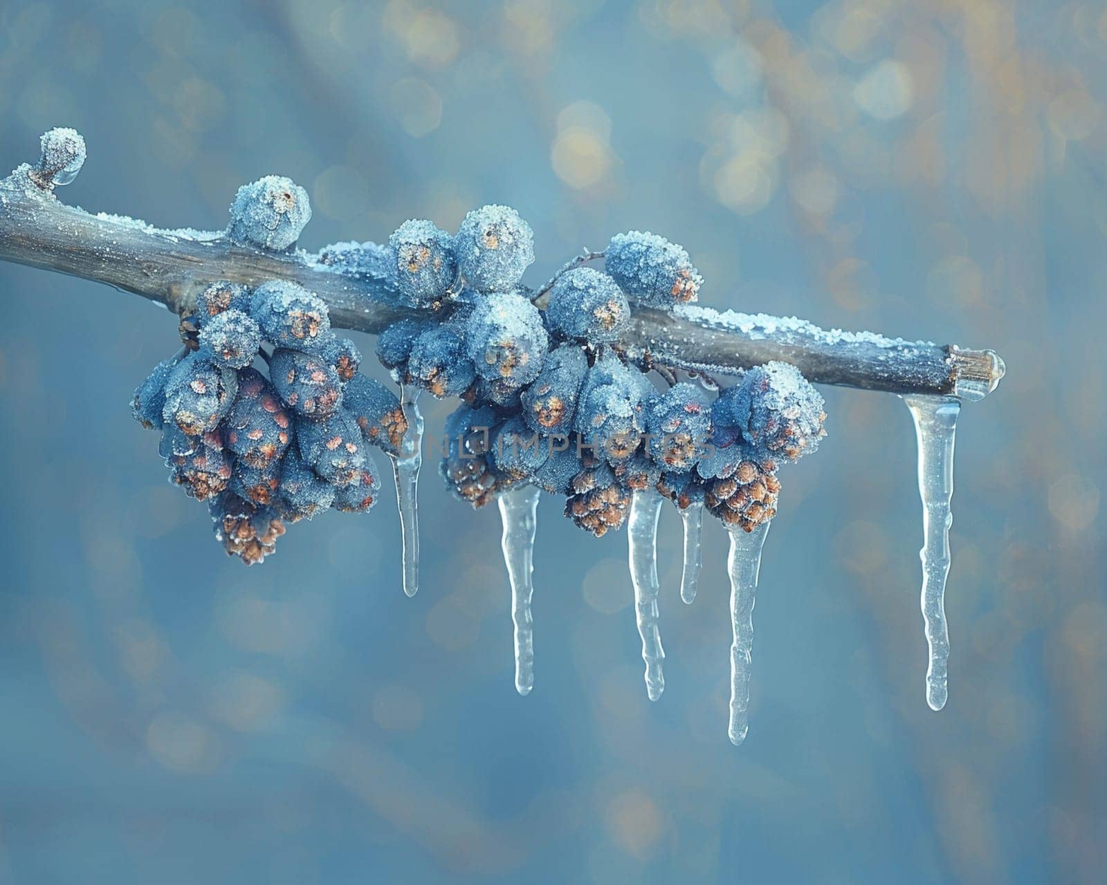 Frozen icicles hanging from a branch, capturing winter's chill and beauty.