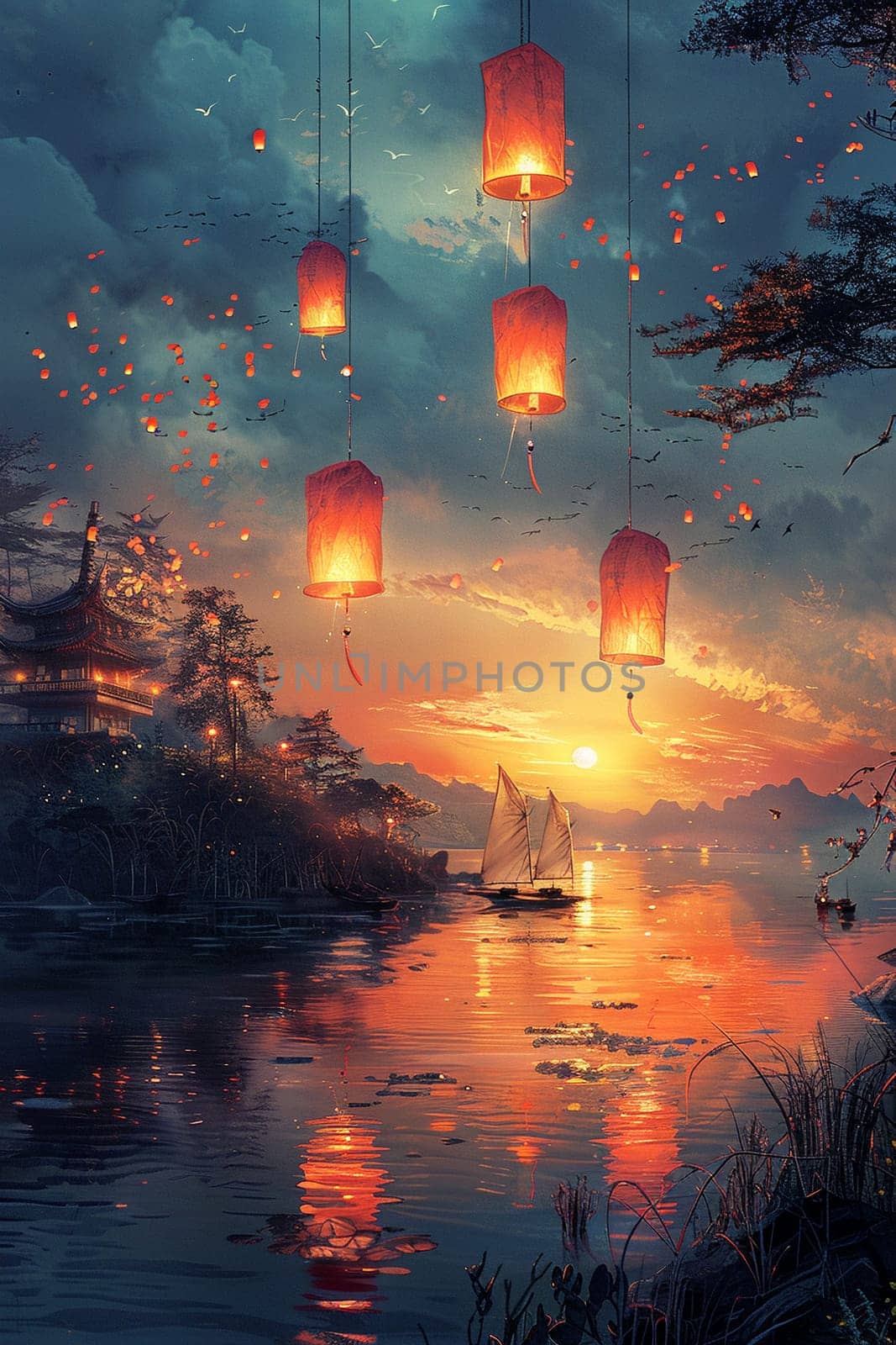 Glowing lanterns floating into the night sky, symbolizing wishes and celebrations.