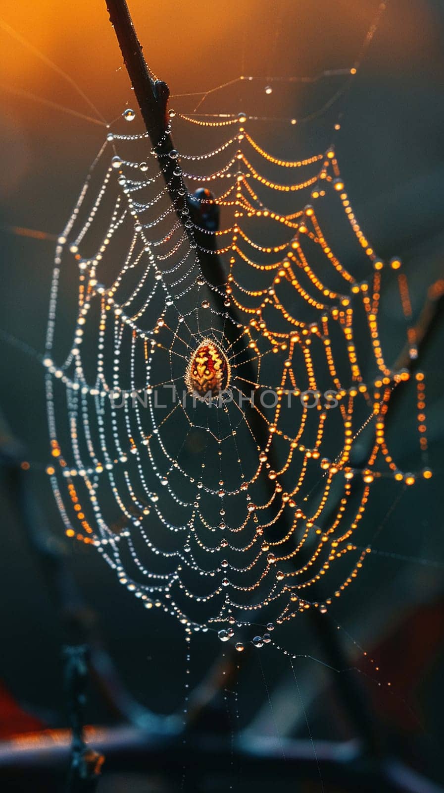 Macro shot of dew on a spider web at dawn, capturing nature's intricate designs.