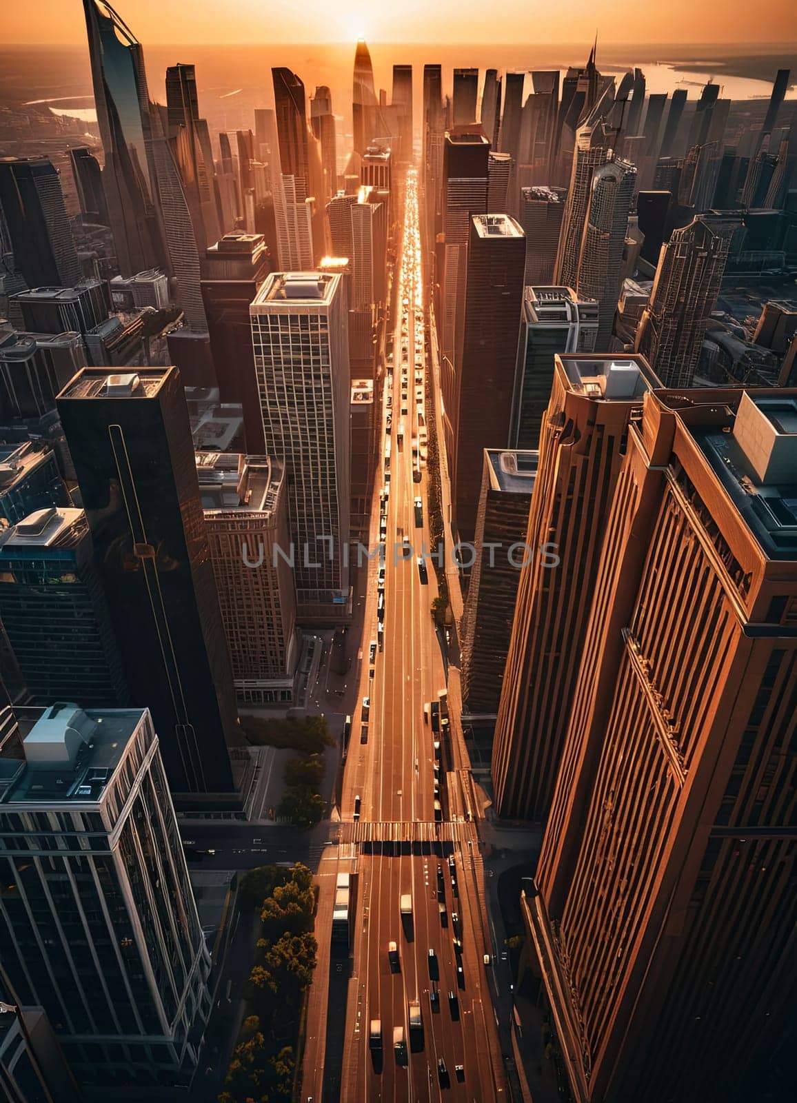 High-rise buildings line both sides of a wide street in a bustling city,viewed from above bathed in the warm glow of sunset.