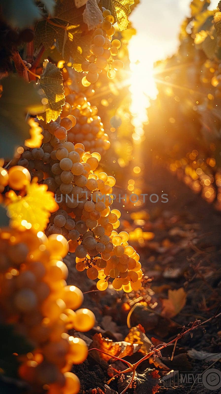 Golden hour sunlight filtering through a vineyard, creating a warm and inviting atmosphere.