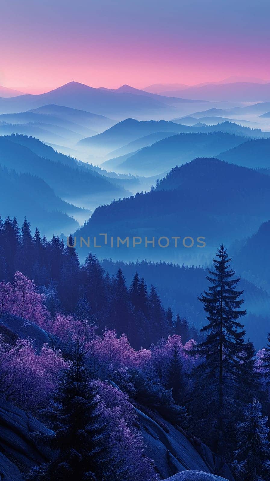 Misty mountain range at dawn, ideal for tranquil and majestic background themes.