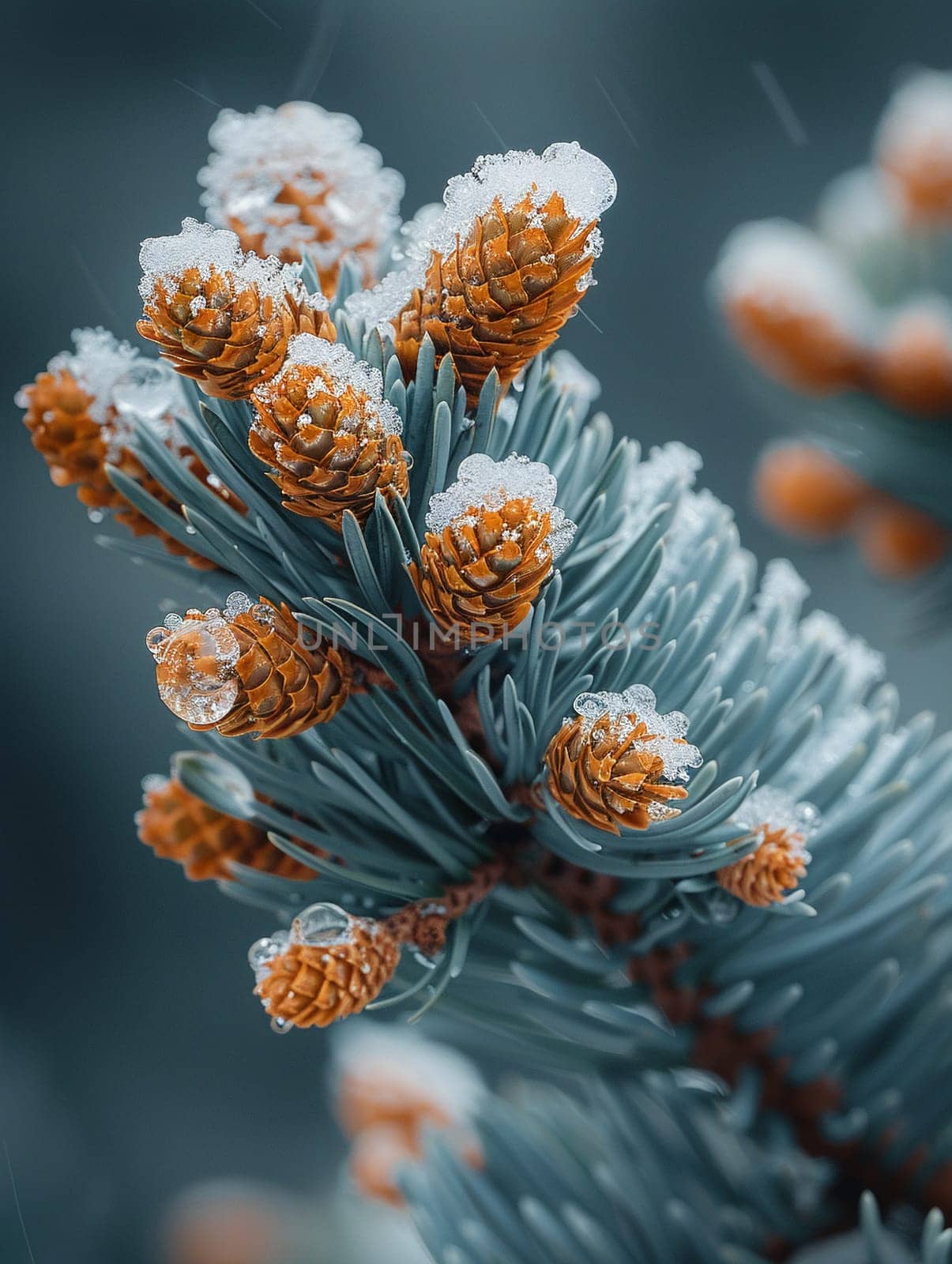 Freshly fallen snow on a pine branch, representing winter's purity and calm.