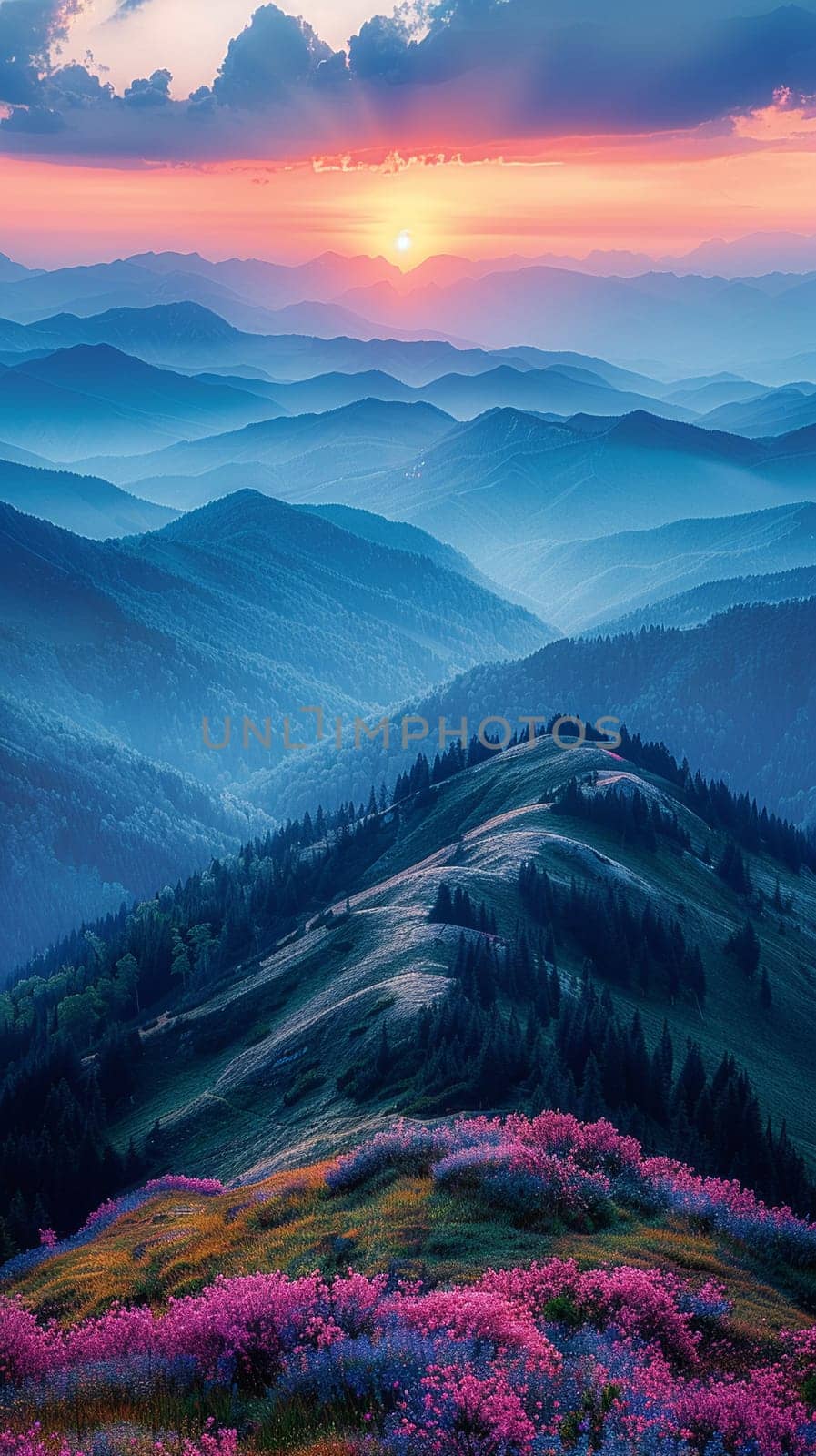 Layers of mountain ranges at sunset, offering a serene and majestic landscape.