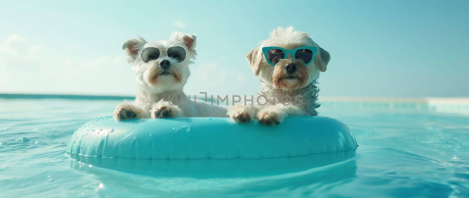 Puppy dog summer vacation inside of a ring swimming pool float. High angle view. High quality photo