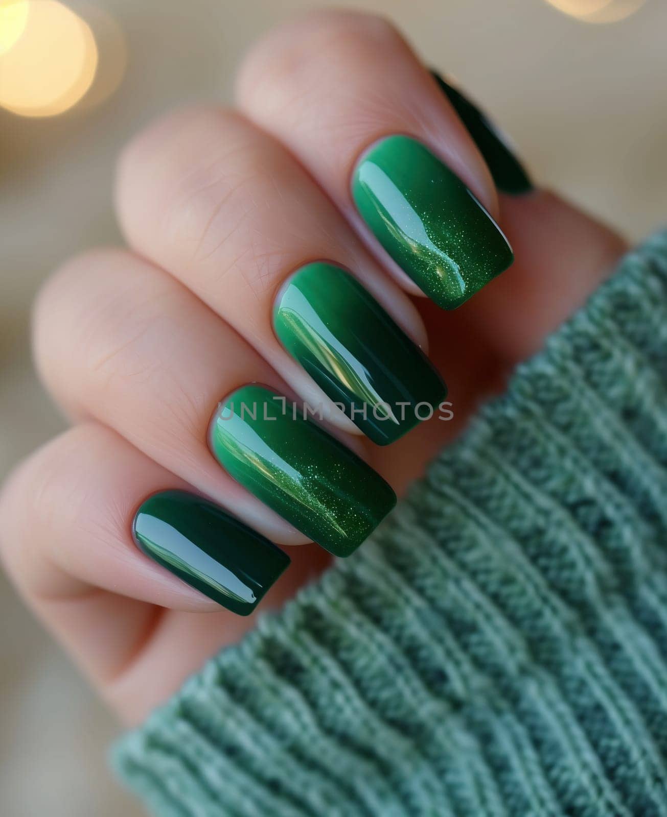 Female hand with long nails and bright green manicure with bottles of nail polish. High quality photo