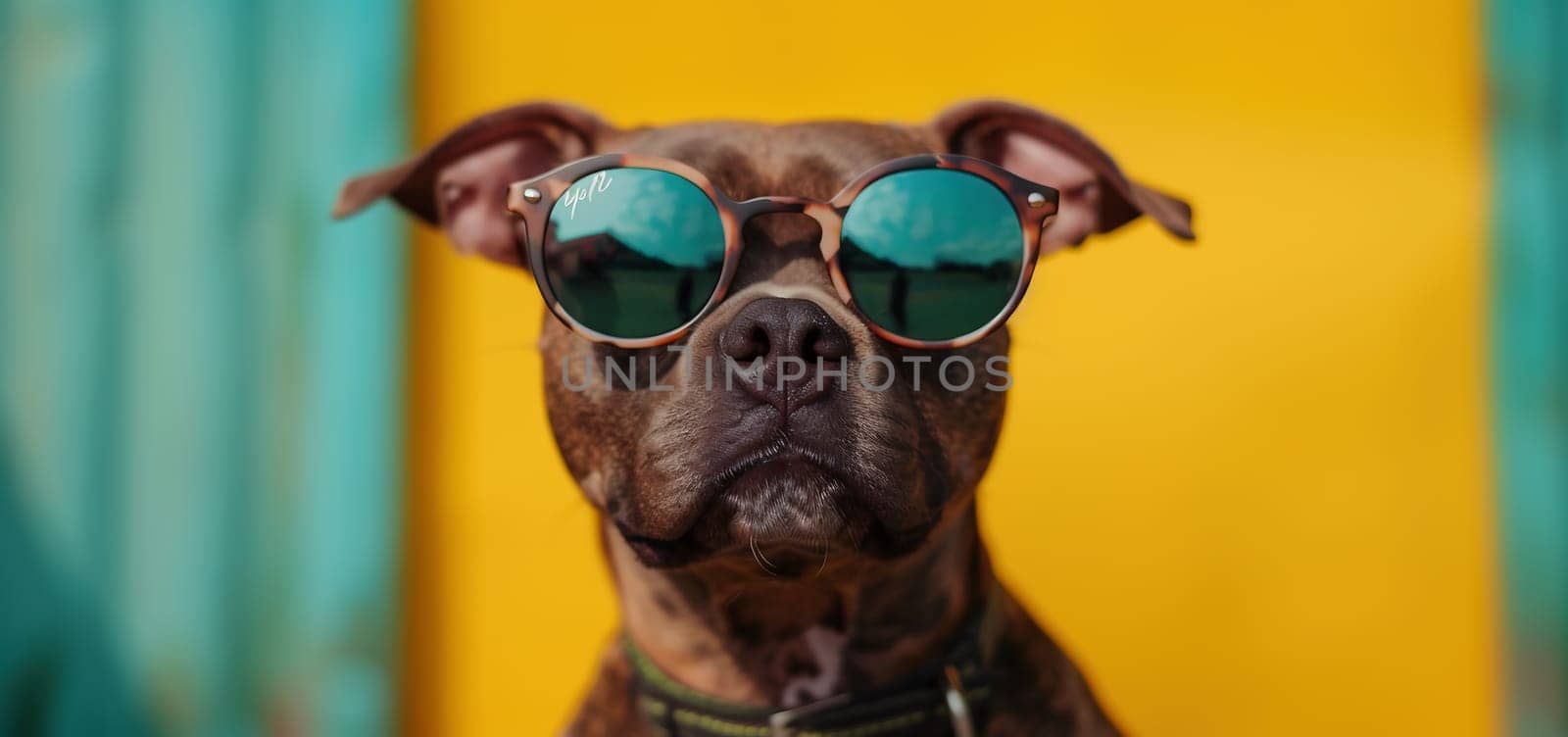 funny puppy dog going on vacations wearing sunglasses, Isolated on yellow background. by Andelov13