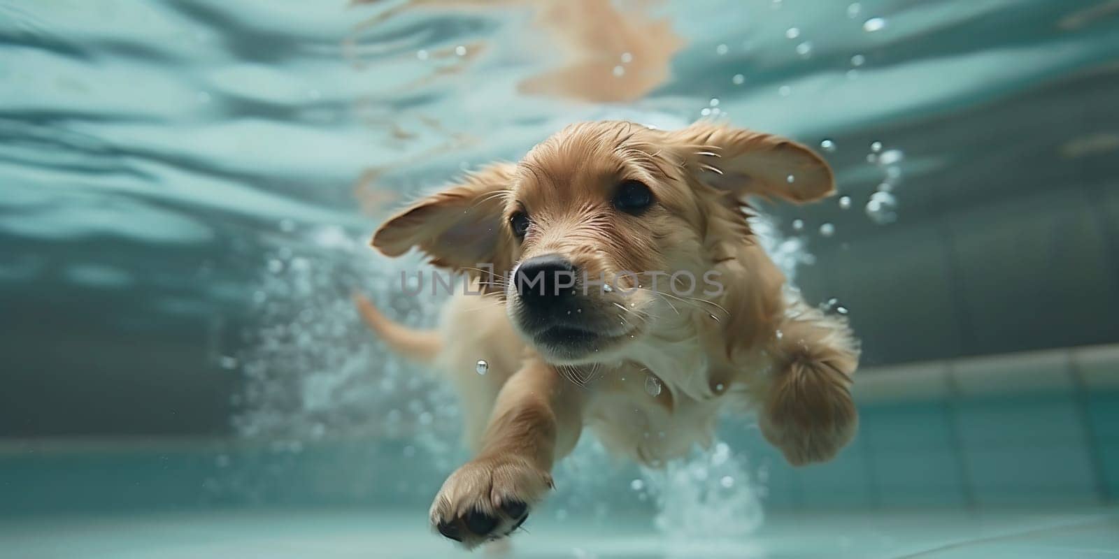 closeup wide angle underwater photo upshot of a dog underwater. High quality photo