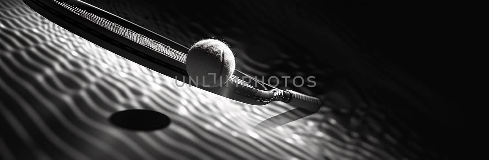 Tennis racket racquet isolated against a black background in black and white. High quality photo