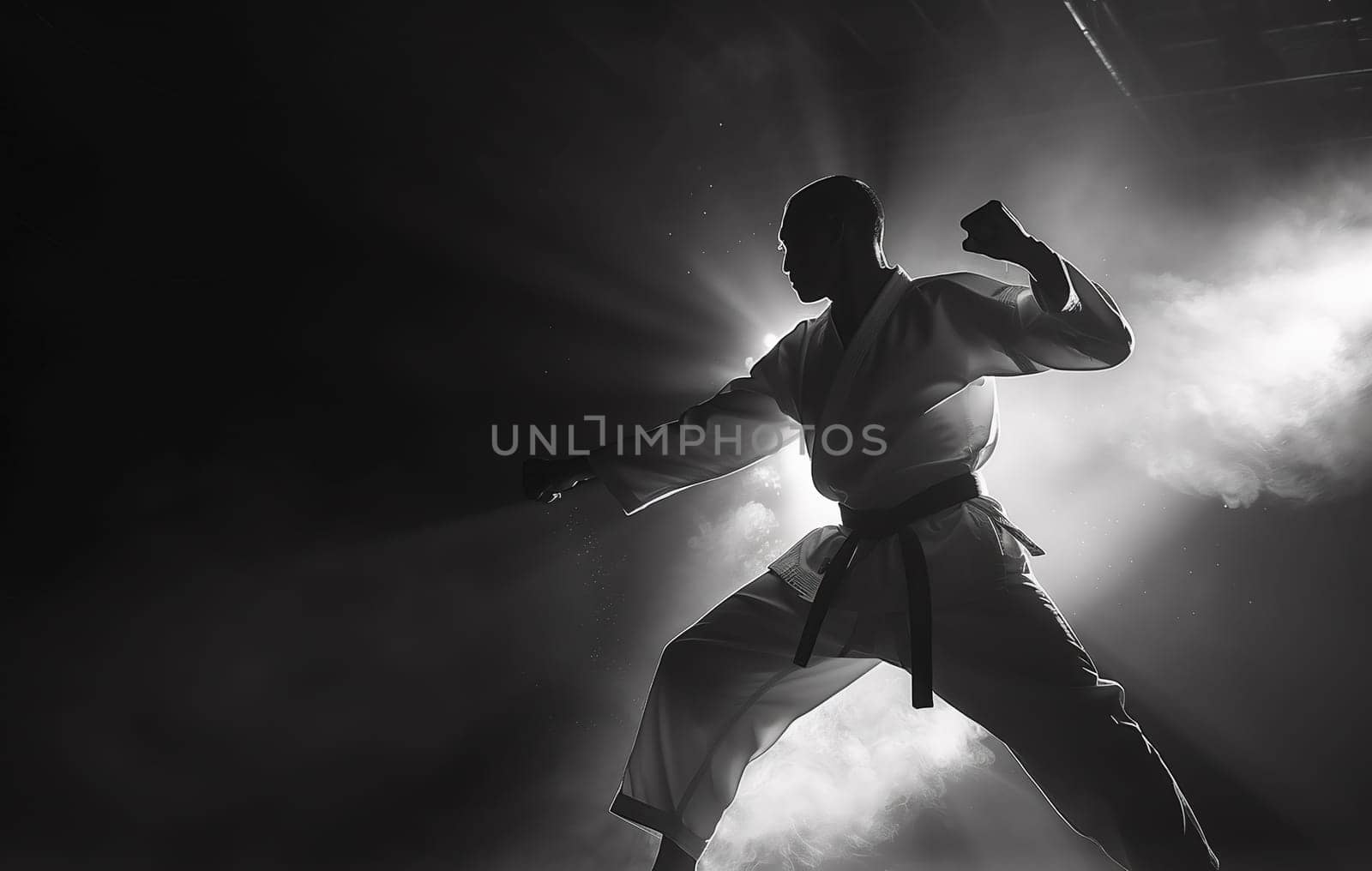 coach of karate, man, fighter or athlete posing in fighting stance with fists in white kimono, suit, with belt on beige wall. Martial art and energy. High quality photo