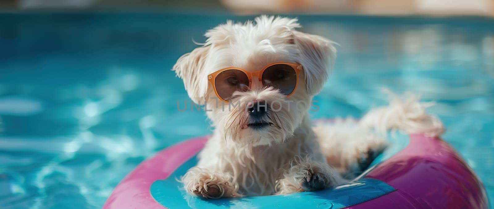 Portrait summer dog puppy going on vacation to beach inside a blue inflatable with happy expression face. . High quality photo