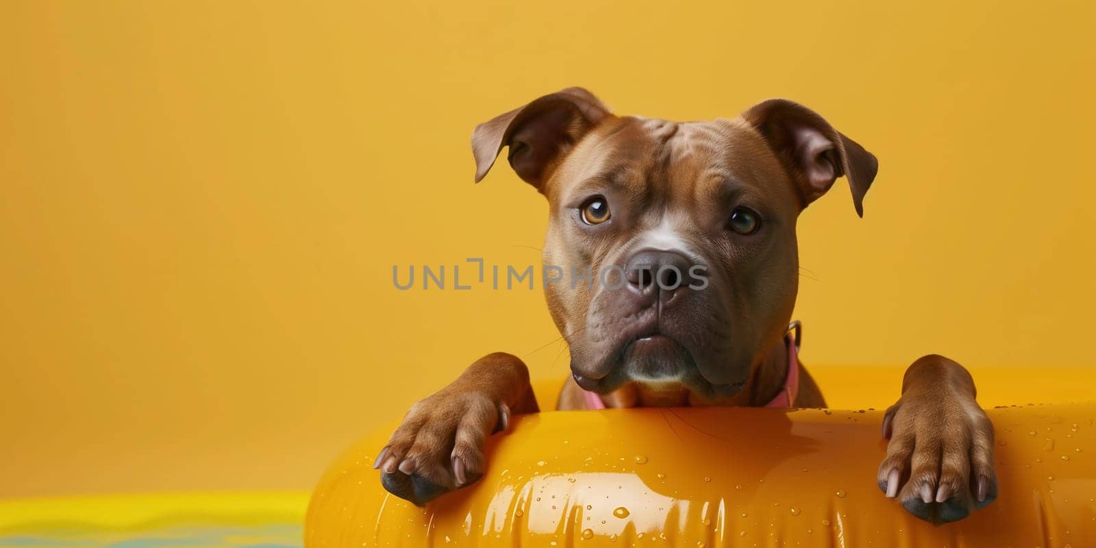 Portrait puppy dog summer. dog inside of an inflatable. Isolated on yellow background by Andelov13
