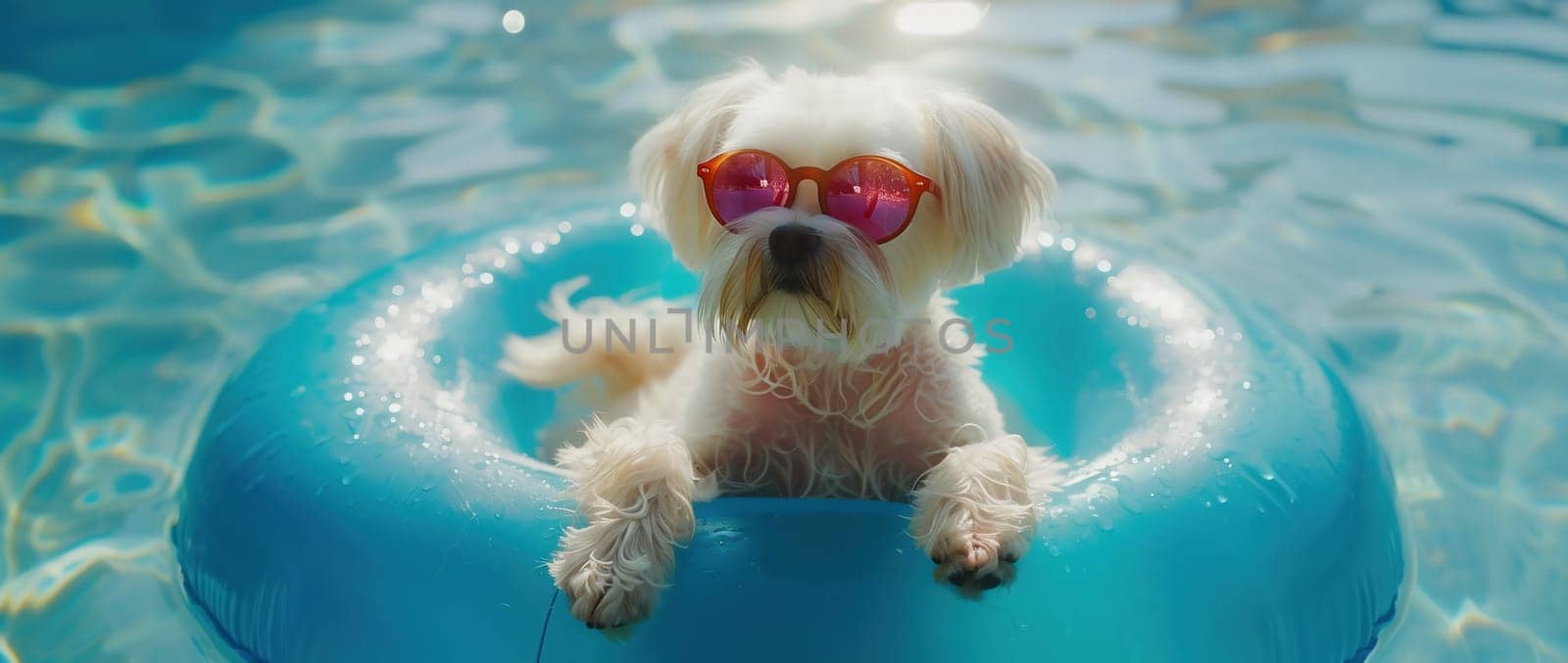 Portrait summer dog puppy going on vacation to beach inside a blue inflatable with happy expression face. . High quality photo