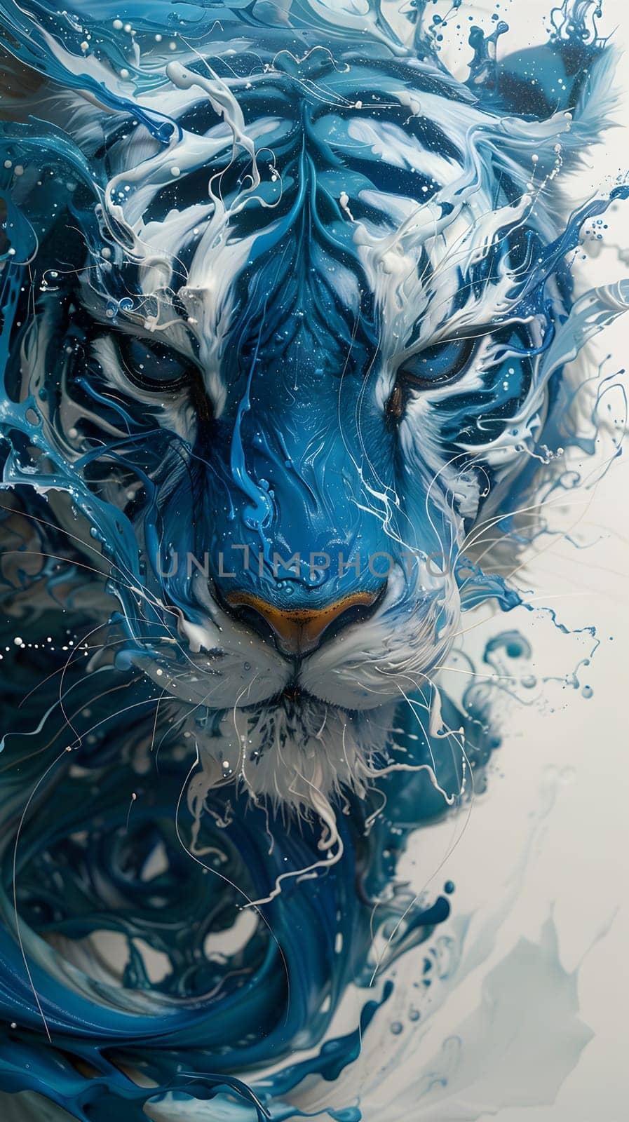 A stunning painting of an electric blue and white Siberian tiger gracefully swimming in the water. The felines Felidae features and carnivorous nature are beautifully captured in this piece of art