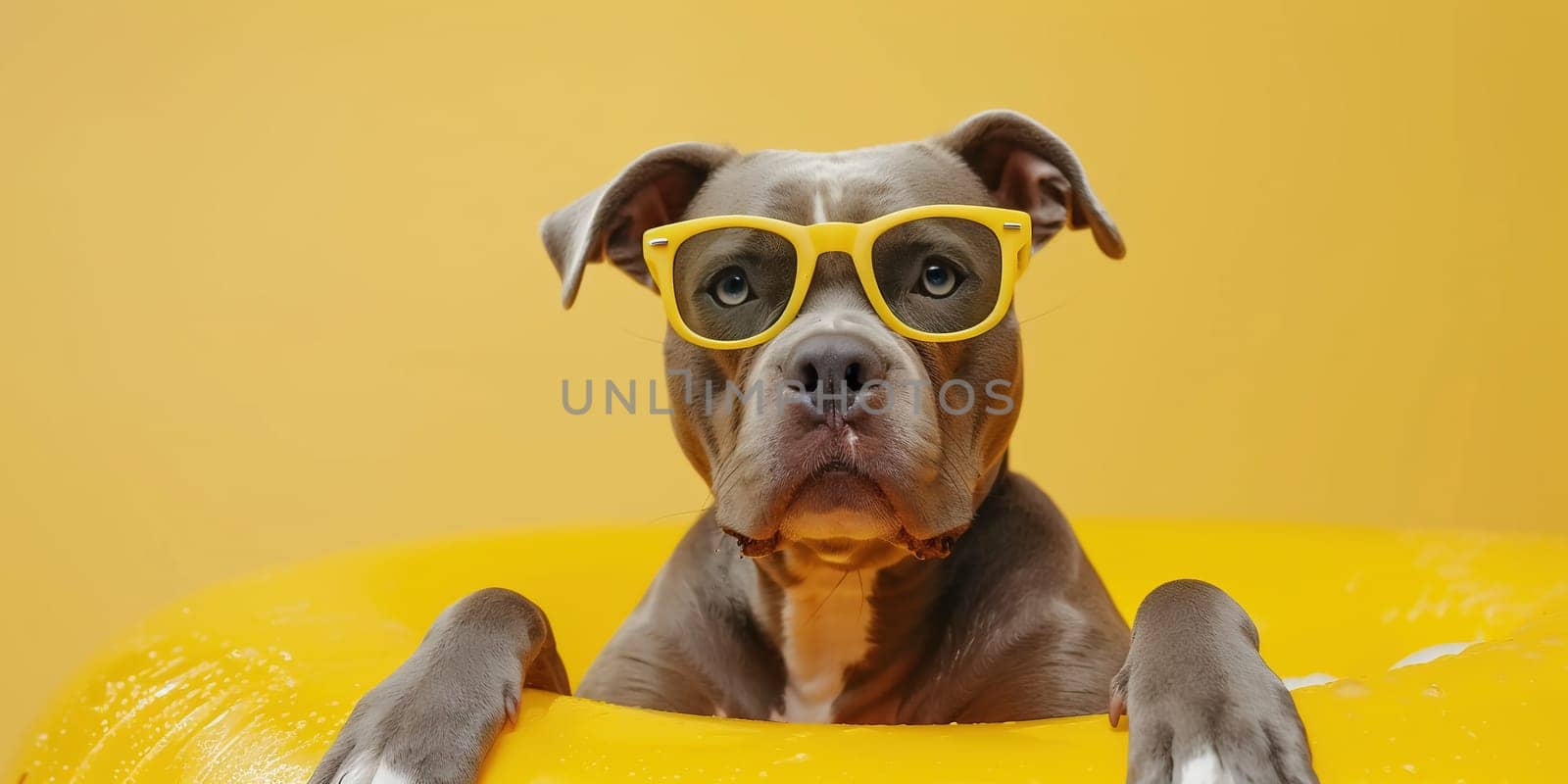Portrait puppy dog summer. dog inside of an inflatable. Isolated on yellow background. High quality photo