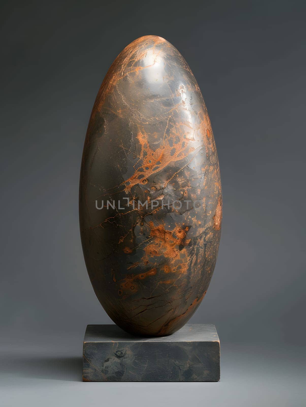An ancient artifact, a stone egg, rests on a textured gray surface in a still life photography setup. The circle shape contrasts with the rough background