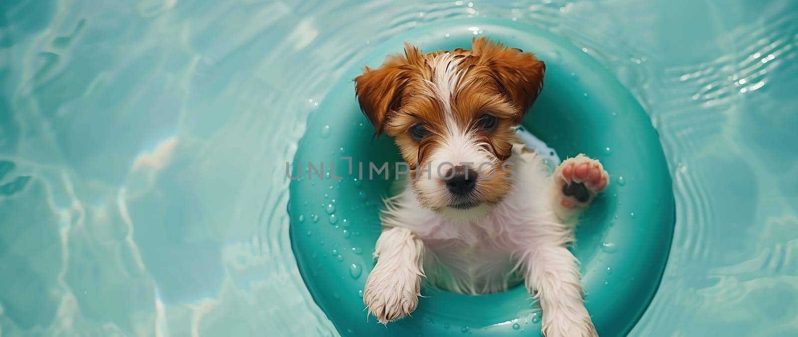 Portrait summer dog puppy going on vacation to beach inside a blue inflatable with happy expression face. by Andelov13