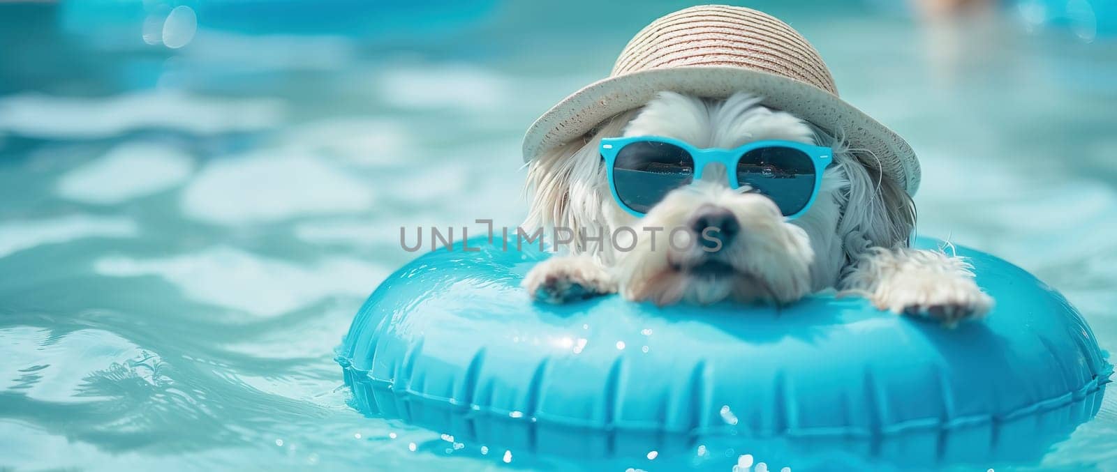 Portrait summer dog puppy going on vacation to beach inside a blue inflatable with happy expression face. by Andelov13