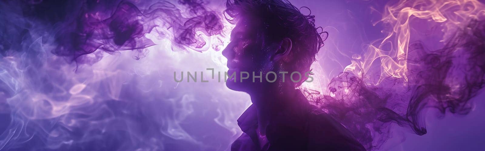 Aura energy. Inner harmony. Spiritual contemplation. Double exposure profile silhouette of man face with purple blue pink color smoke isolated on white copy space. by Andelov13