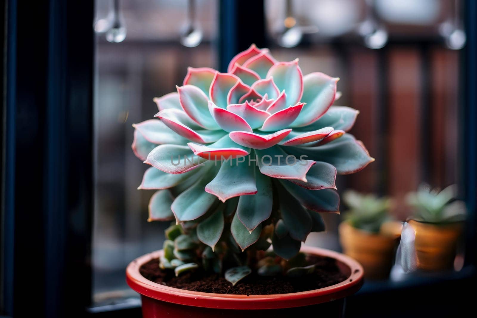 Succulent Echeveria in a pot on a window on a cloudy day. Close up.