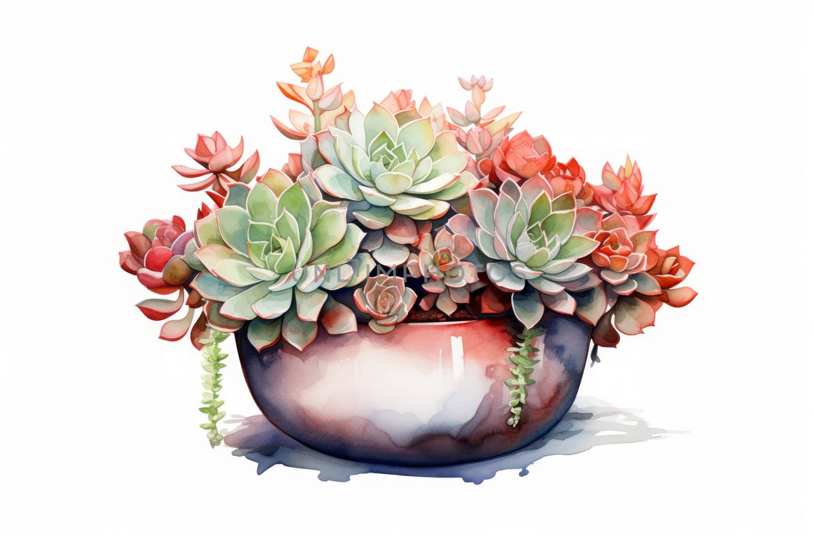 Succulents in a pot on a white background, watercolor image by Ramanouskaya