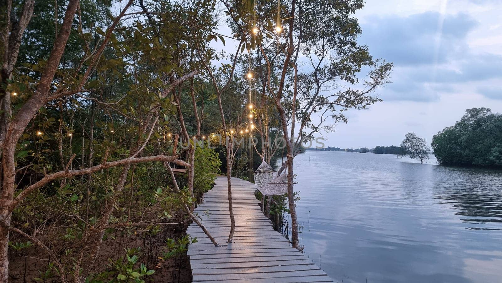 A wooden walkway winds through a lush forest, leading to a serene lake enveloped by towering trees by fokkebok